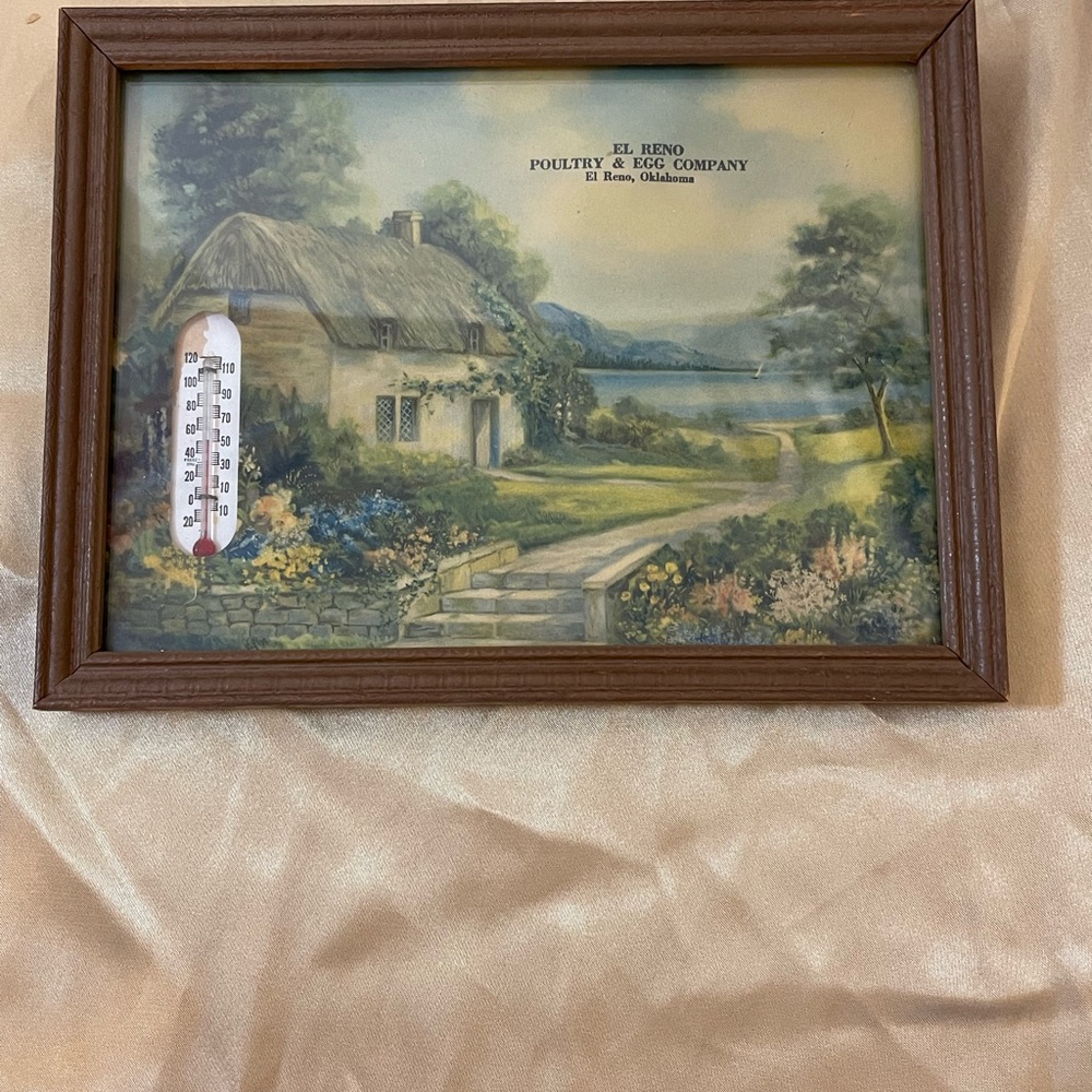 Rustic Brown Framed Cottage Scene with Thermometer